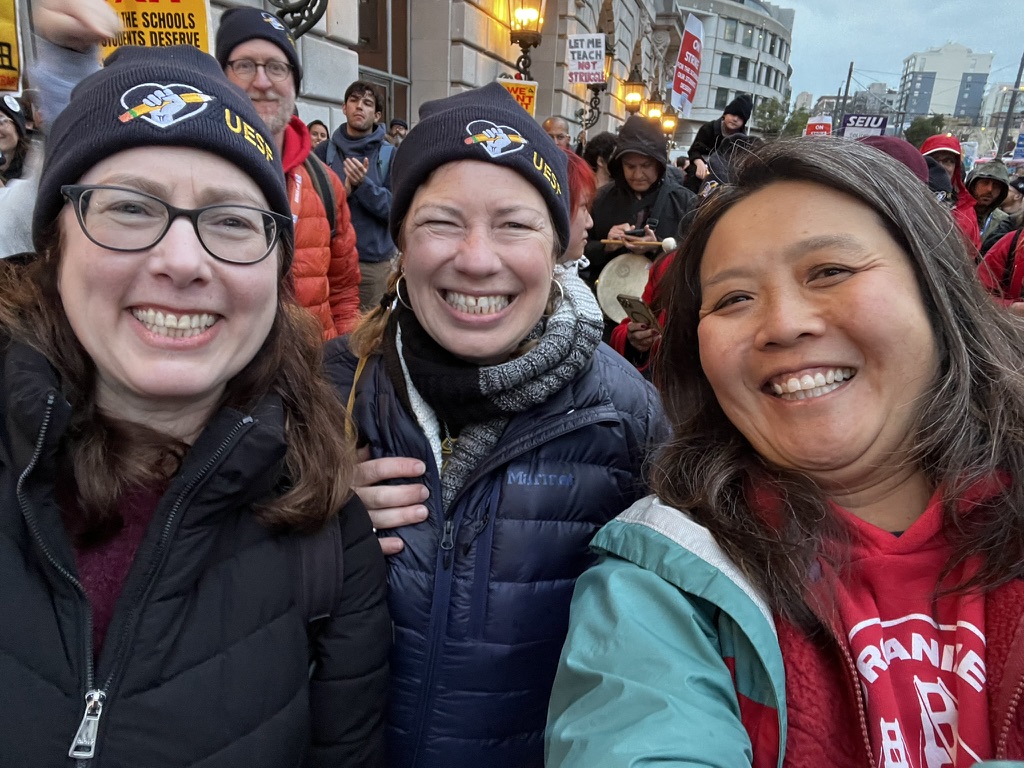 Ms. Lawson (Middle)  at the Day 3 War Memorial action to make noise for the Bargaining Team.